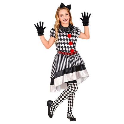 "RETRO CLOWN" (Kleid mit Clownkragen, Haarschleife, Handschuhe) – Vorderansicht
