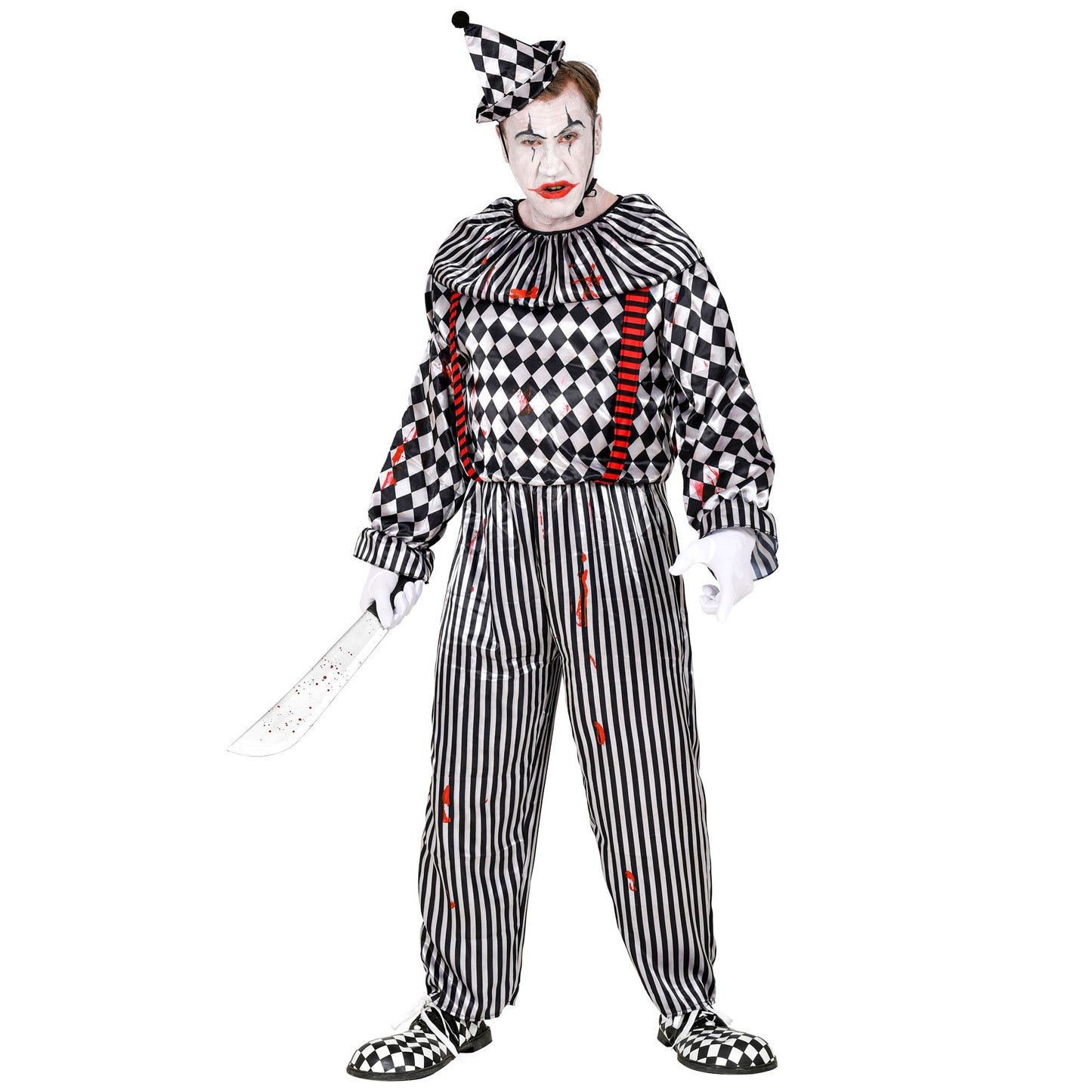 "RETRO CLOWN" (Overall mit Clownkragen und Hosenträgern, Kopfbedeckung) – Vorderansicht