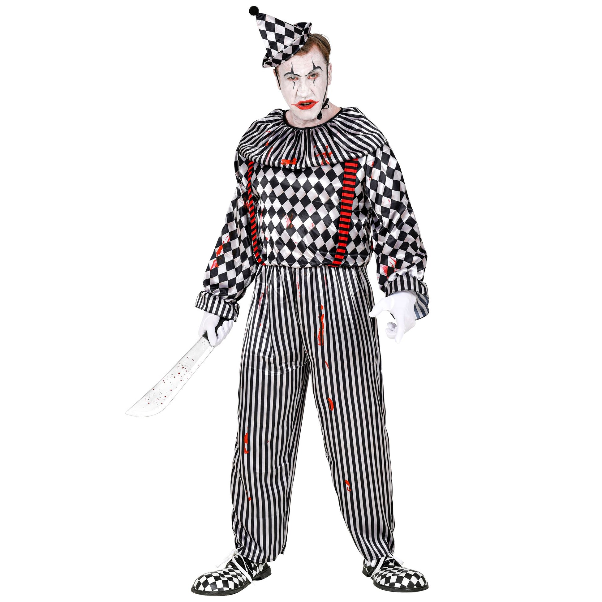 "RETRO CLOWN" (Overall mit Clownkragen und Hosenträgern, Kopfbedeckung) – Vorderansicht