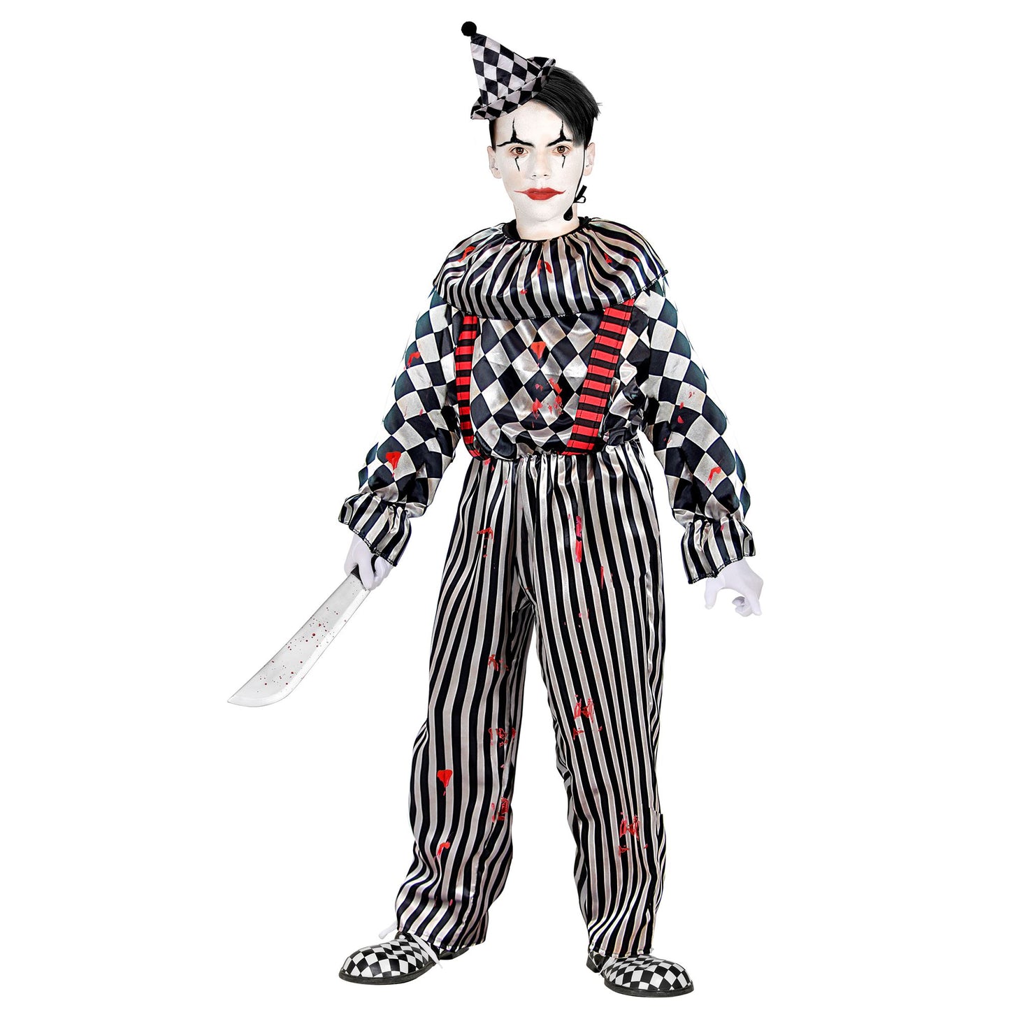 "RETRO CLOWN" (Overall mit Clownkragen und Hosenträgern, Kopfbedeckung) – Vorderansicht