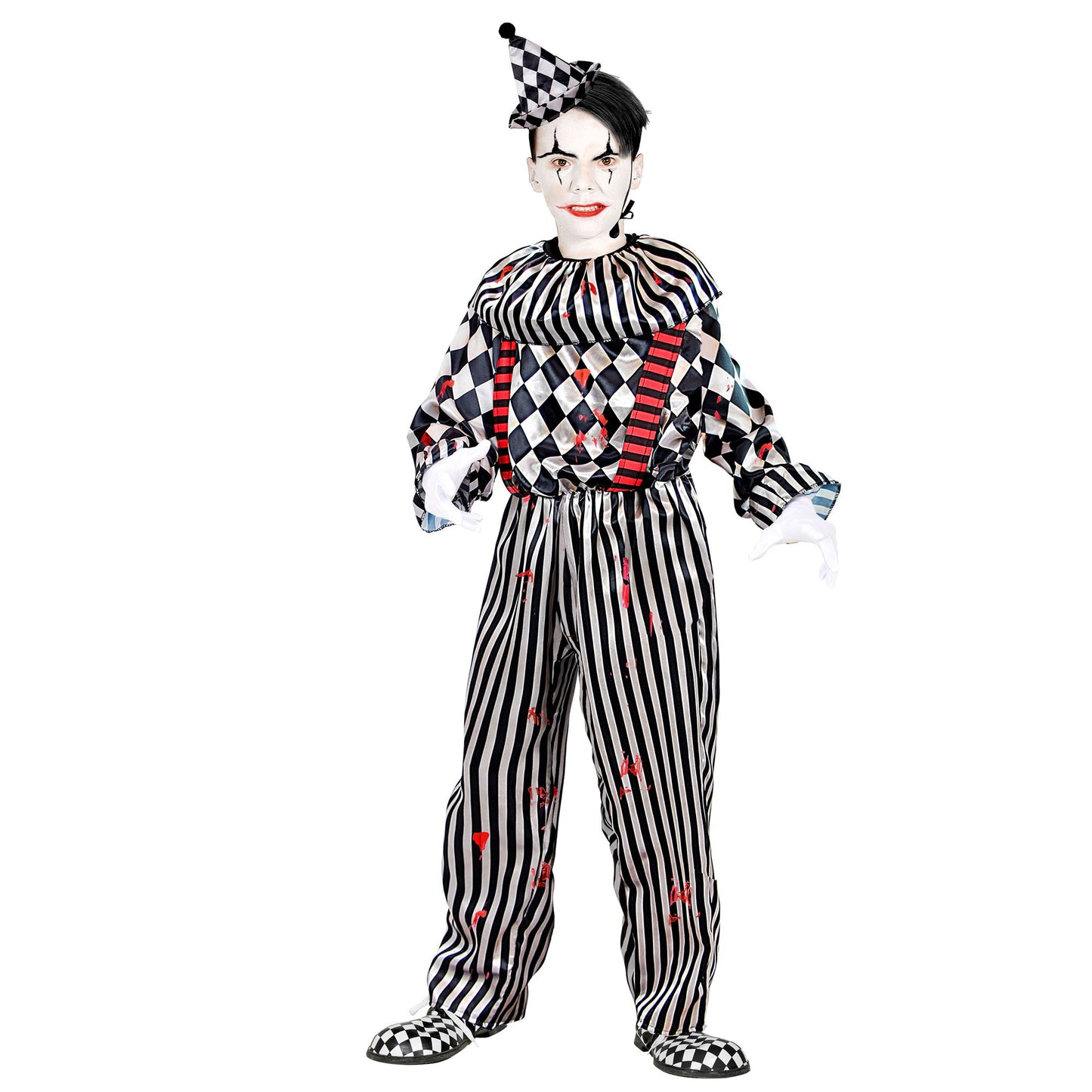 "RETRO CLOWN" (Overall mit Clownkragen und Hosenträgern, Kopfbedeckung) – Detailansicht