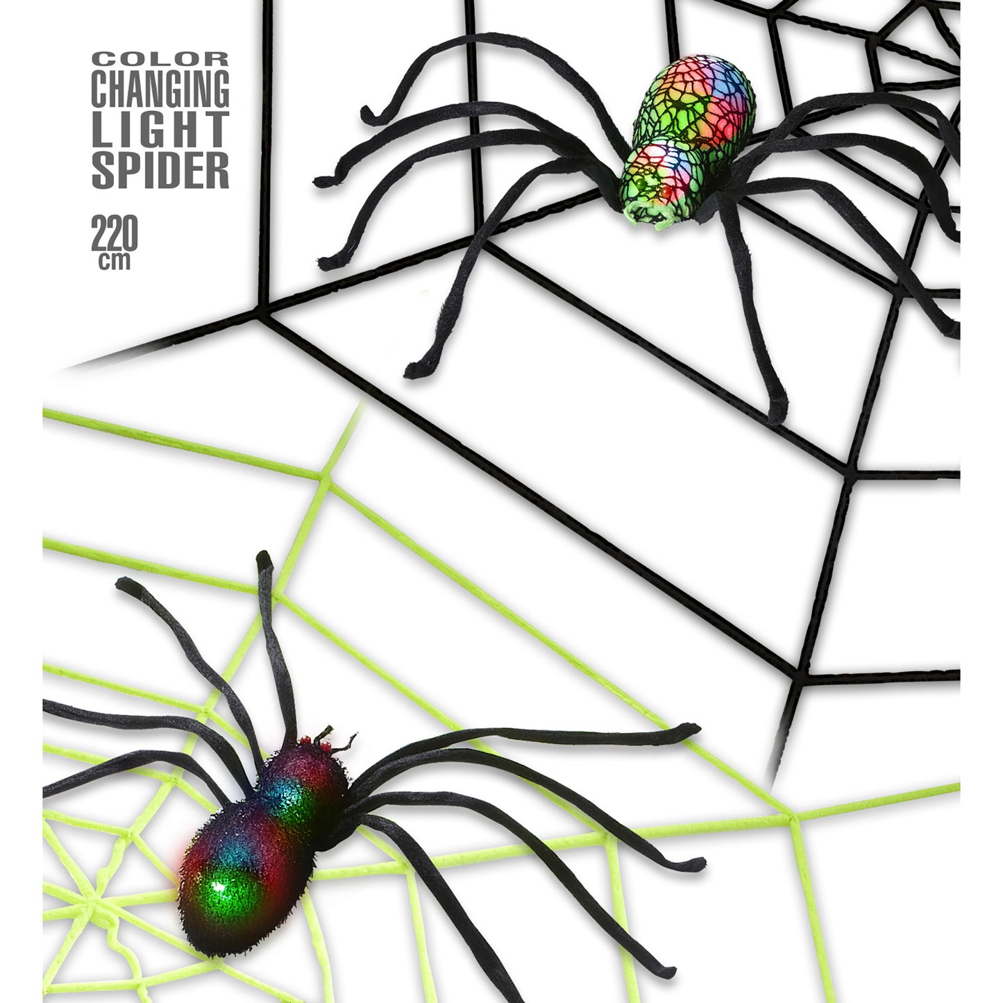 "RIESIGES SPINNENNETZ AUS CHENILLE MIT FARBWECHSELNDER LEUCHTENDER SPINNE" 220 cm sortiert in 2 Farben – Vorderansicht