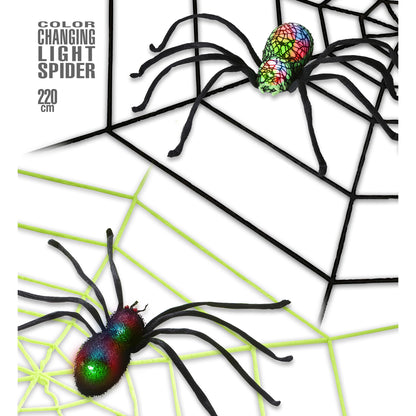 "RIESIGES SPINNENNETZ AUS CHENILLE MIT FARBWECHSELNDER LEUCHTENDER SPINNE" 220 cm sortiert in 2 Farben – Vorderansicht