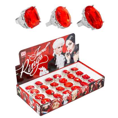 "RING MIT ROTEM EDELSTEIN" in Displaybox - sort. in 3 Modellen – Vorderansicht