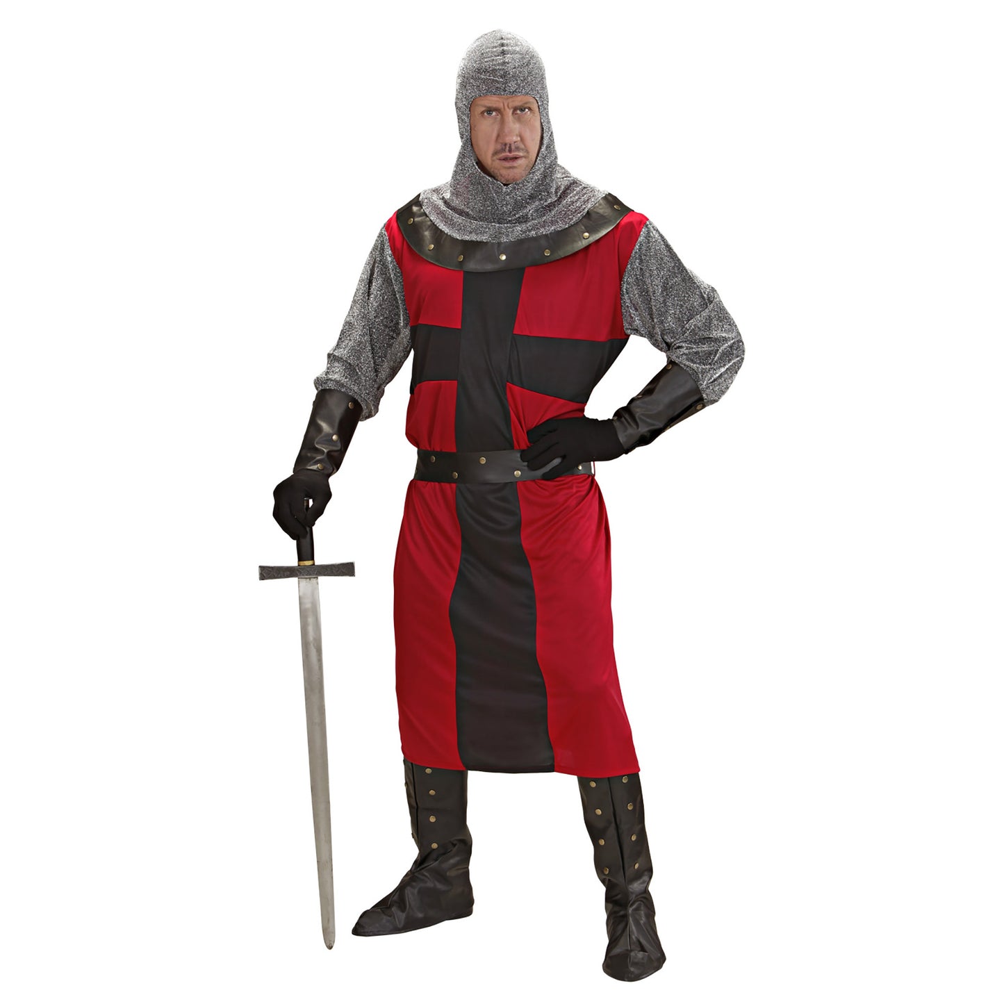 "RITTER DER DUNKLEN EPOCHE" (langer Kasack, Gürtel, Armbänder, Helm, Stiefelüberzieher) – Vorderansicht