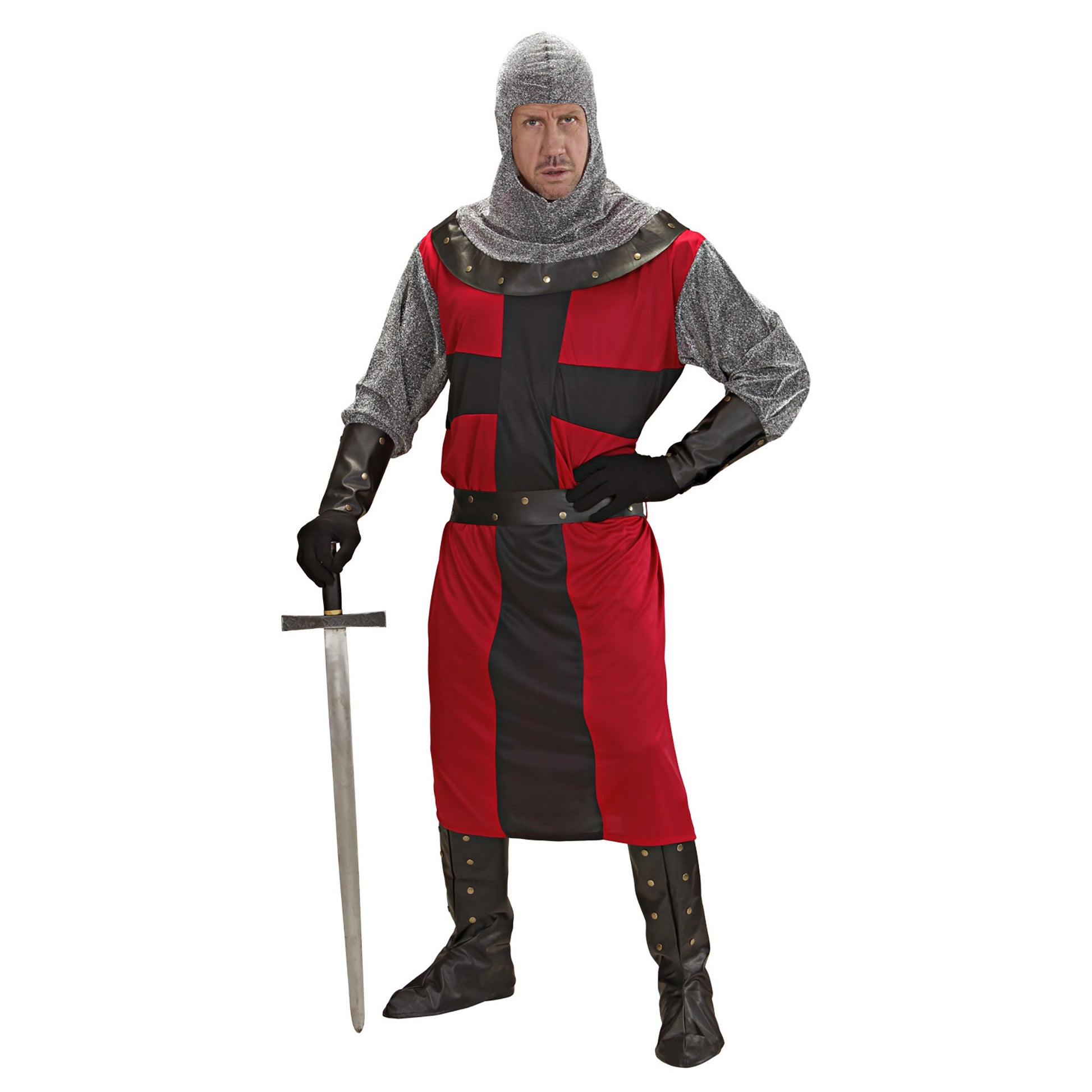 "RITTER DER DUNKLEN EPOCHE" (langer Kasack, Gürtel, Armbänder, Helm, Stiefelüberzieher) – Vorderansicht