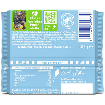 Ritter Sport Kokos 100g Alpen-Vollmilch-Schokolade mit Kokos-Milch-Creme – Detailansicht