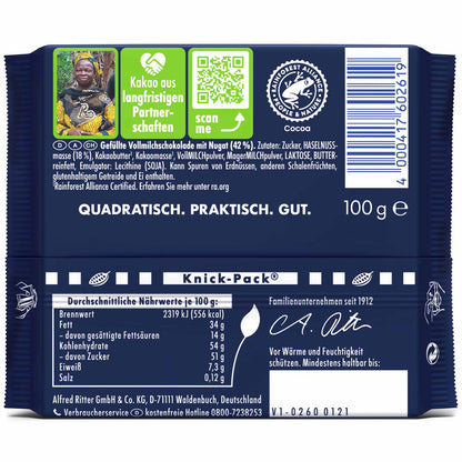 Ritter Sport Nugat Vollmilchschokolade 100 g mit cremiger Nugat-Füllung – Seitenansicht