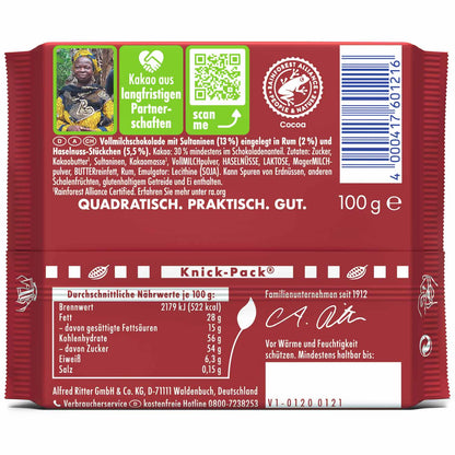 Ritter Sport Rum Trauben Nuss Vollmilchschokolade 100 g