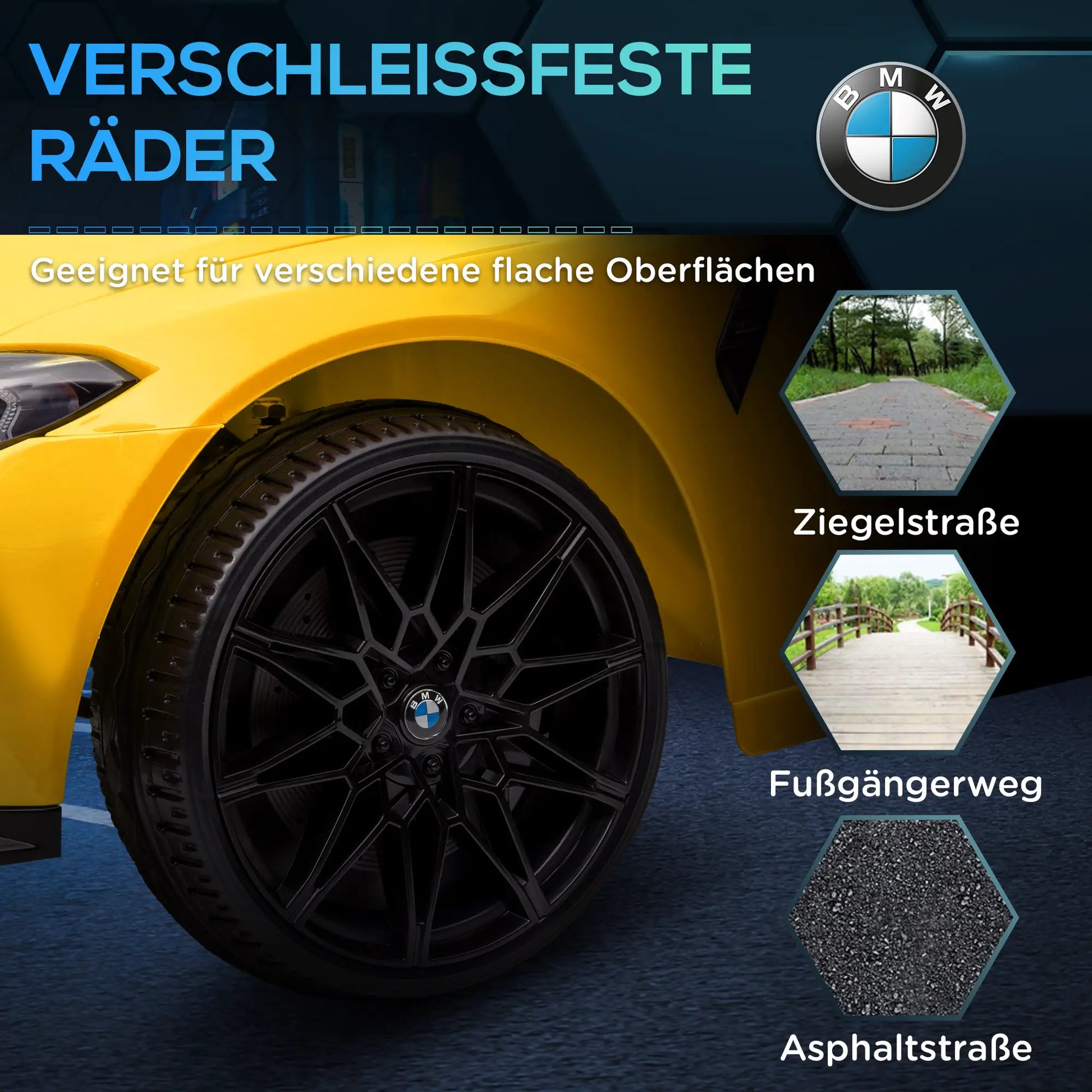 Gelbes BMW M4 Elektro Kinderauto mit Fernbedienung und LED-Scheinwerfern auf einem Gehweg.