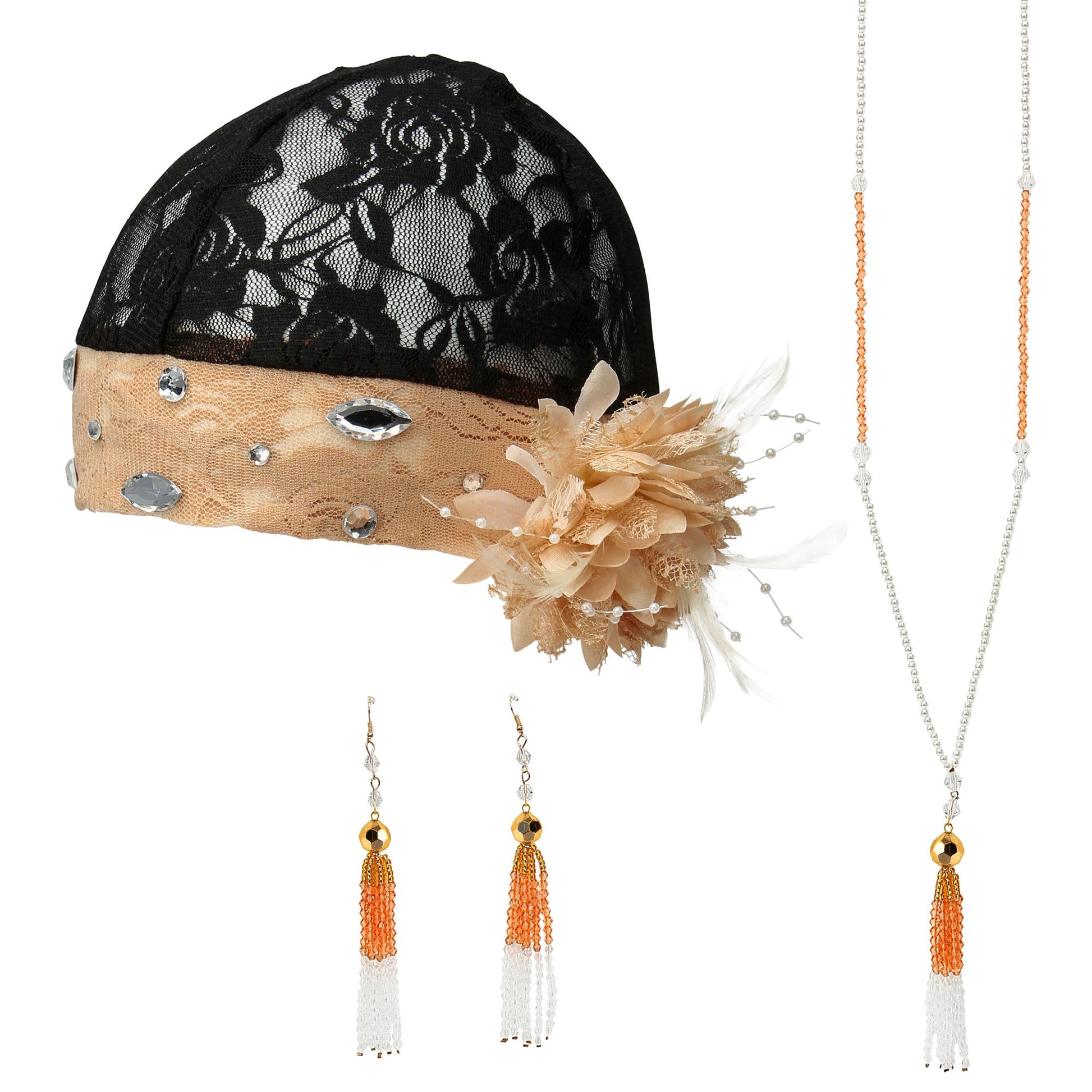 "ROARING 20s FLAPPER SET" (Kopfschmuck aus Spitze mit Blume, Paar Perlenohrringe, Perlenkette) – Vorderansicht