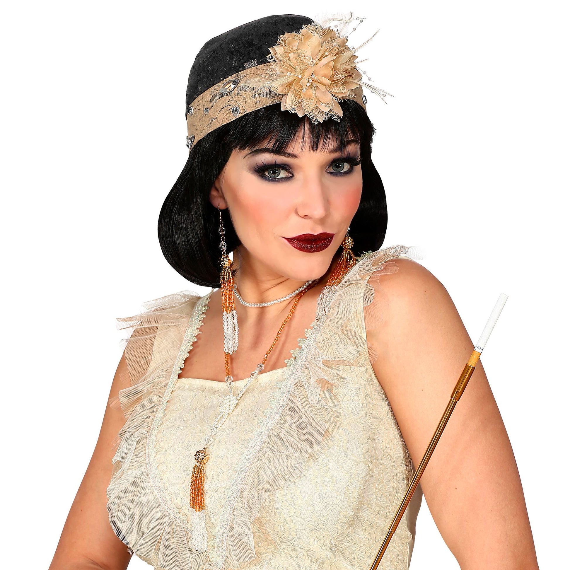 "ROARING 20s FLAPPER SET" (Kopfschmuck aus Spitze mit Blume, Paar Perlenohrringe, Perlenkette) – Ansicht 3