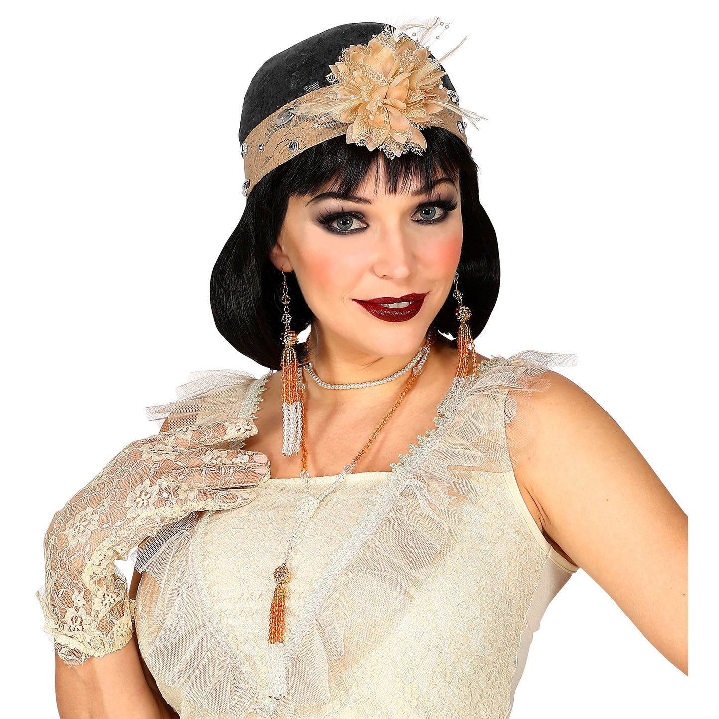 "ROARING 20s FLAPPER SET" (Kopfschmuck aus Spitze mit Blume, Paar Perlenohrringe, Perlenkette) – Ansicht 4