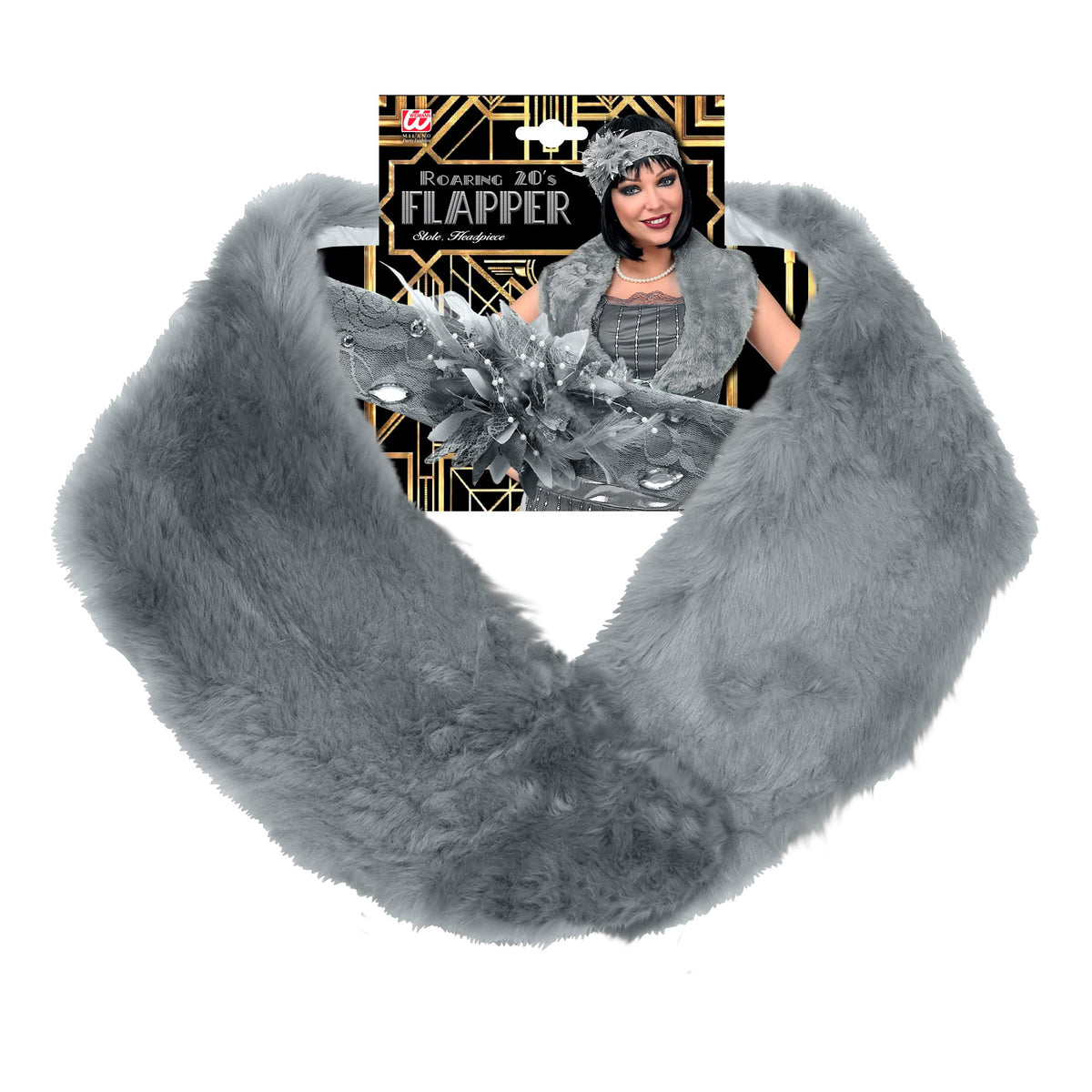 "ROARING 20s FLAPPER" (Stola aus Kunstpelz, Kopfschmuck mit Pailletten & Federn) – Detailansicht