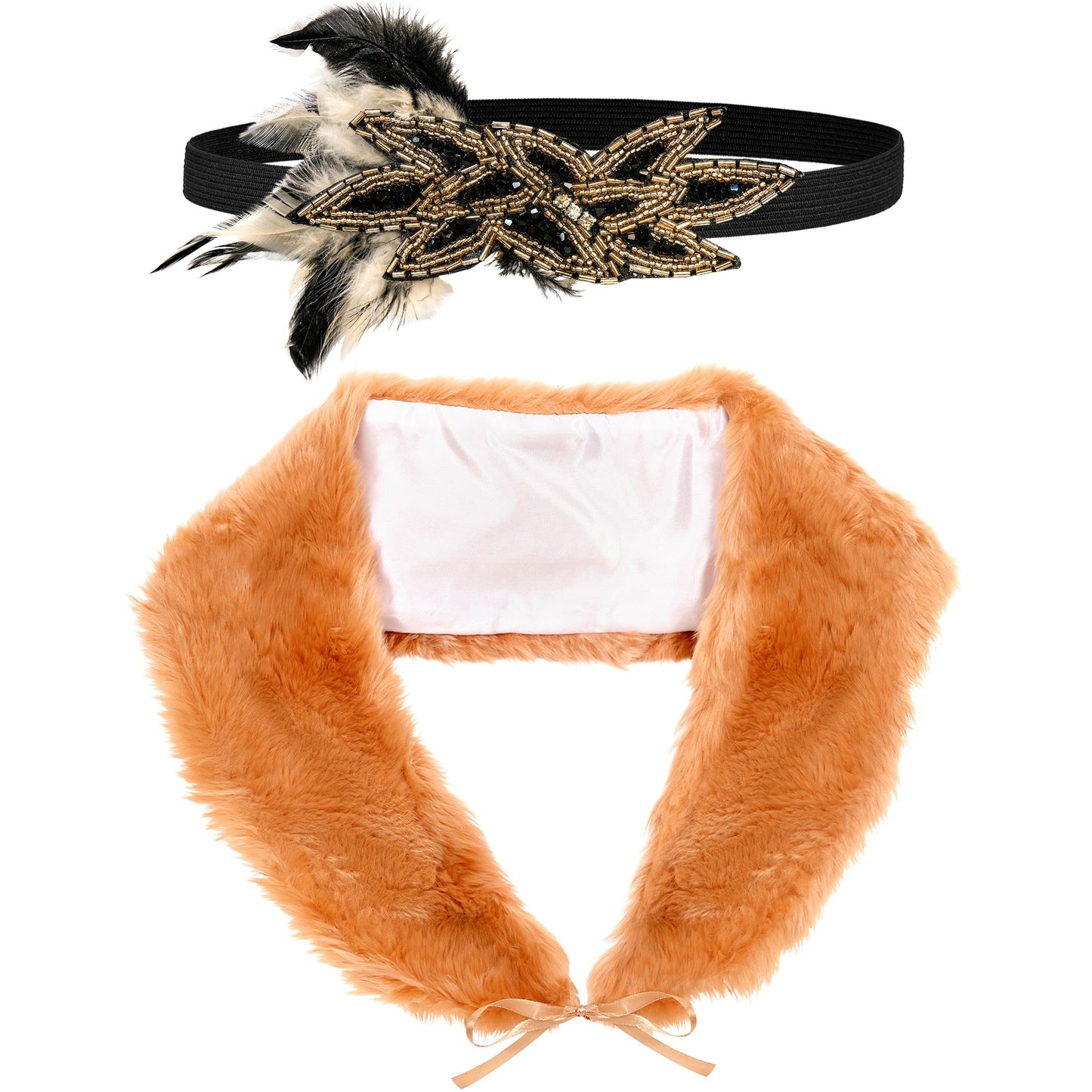 "ROARING 20s FLAPPER" (Stola aus Kunstpelz, Kopfschmuck mit Pailletten & Federn) – Vorderansicht