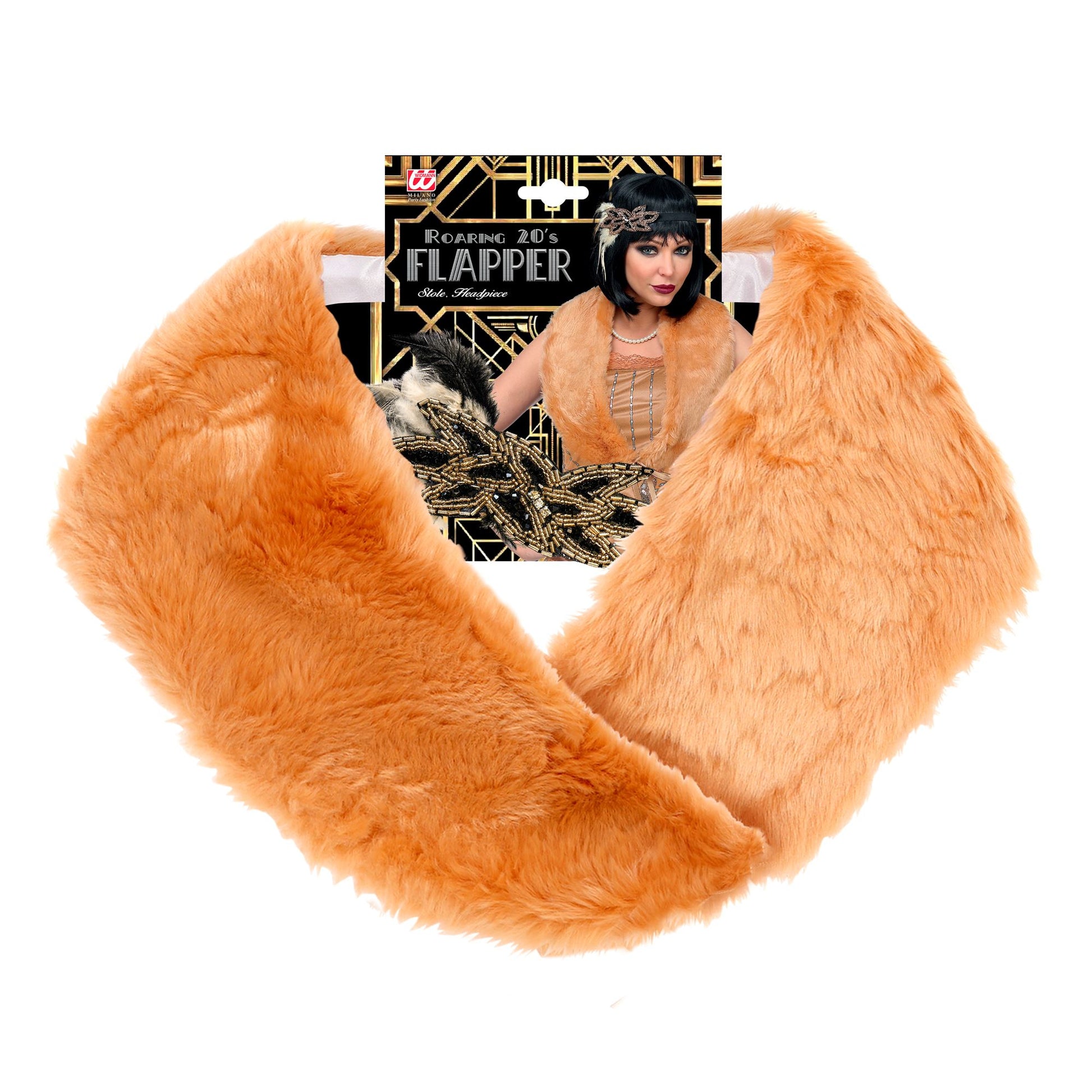 "ROARING 20s FLAPPER" (Stola aus Kunstpelz, Kopfschmuck mit Pailletten & Federn) – Detailansicht