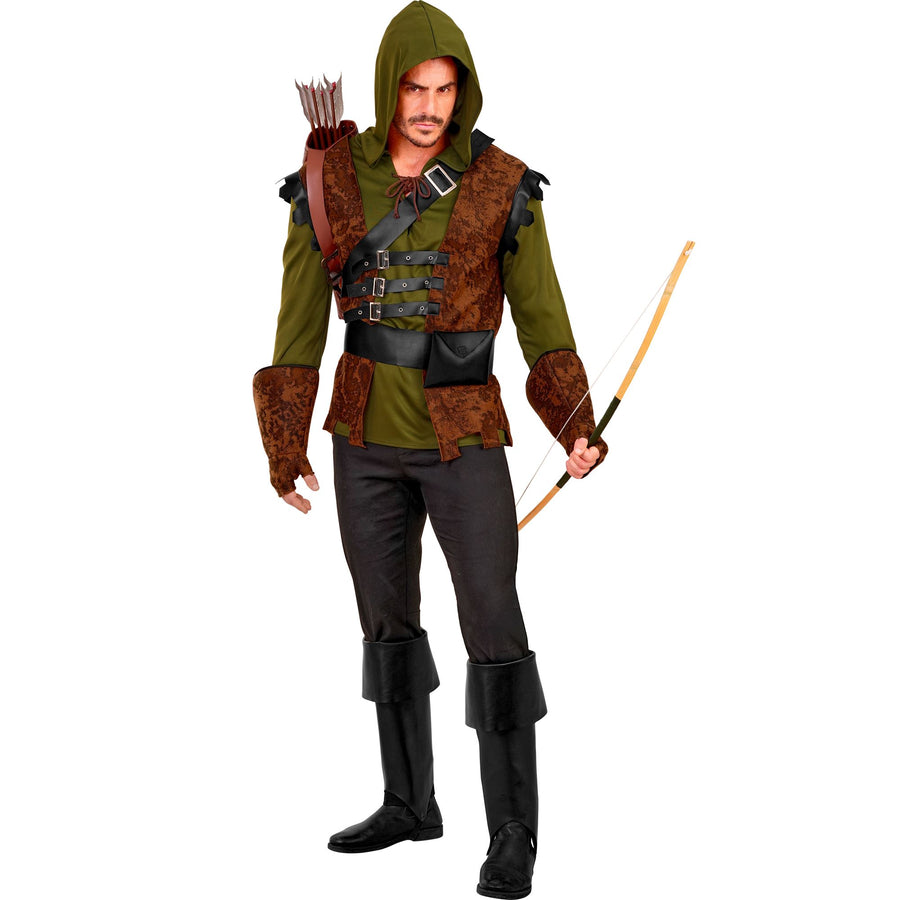"ROBIN OF SHERWOOD" (Oberteil mit Kapuze und Weste, Schärpe mit Schnalle, Gütel mit Tasche, Handschuhe, Stiefelüberzieher) – Vorderansicht