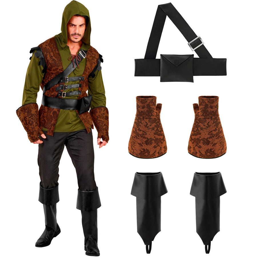 "ROBIN OF SHERWOOD" (Oberteil mit Kapuze und Weste, Schärpe mit Schnalle, Gütel mit Tasche, Handschuhe, Stiefelüberzieher) – Detailansicht