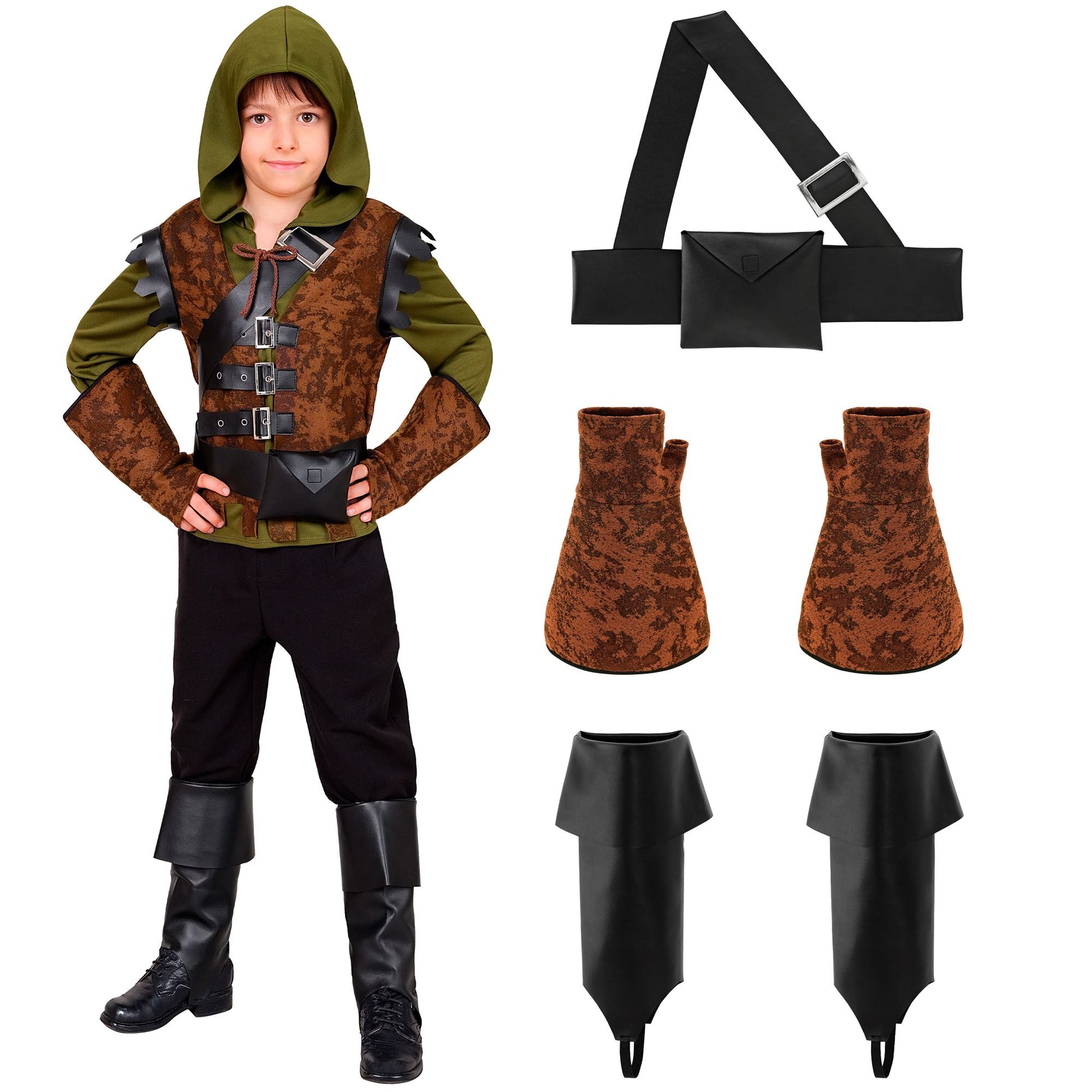 Widmann Jungen Robin Hood Kostüm mit Kapuze, Weste und Zubehör – Detailansicht