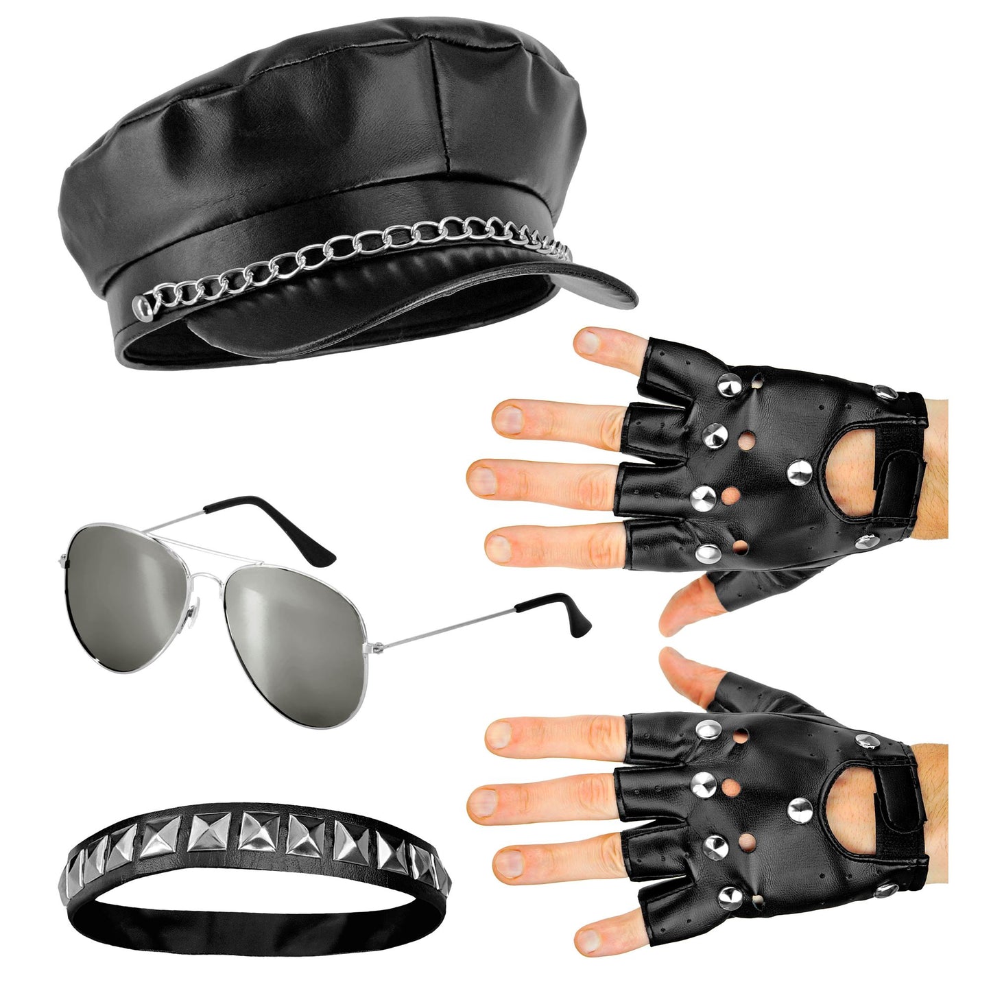 "ROCKER/BIKER SET" (Mütze, Halsband, Handschuhe, Brille) – Vorderansicht