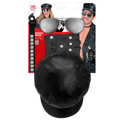 "ROCKER/BIKER SET" (Mütze, Halsband, Handschuhe, Brille) – Detailansicht