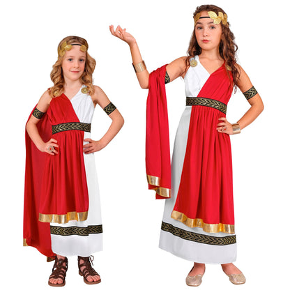 "RÖMISCHE KAISERIN" (Kleid mit Umhang, Armbändern, Lorbeerkranz) – Vorderansicht