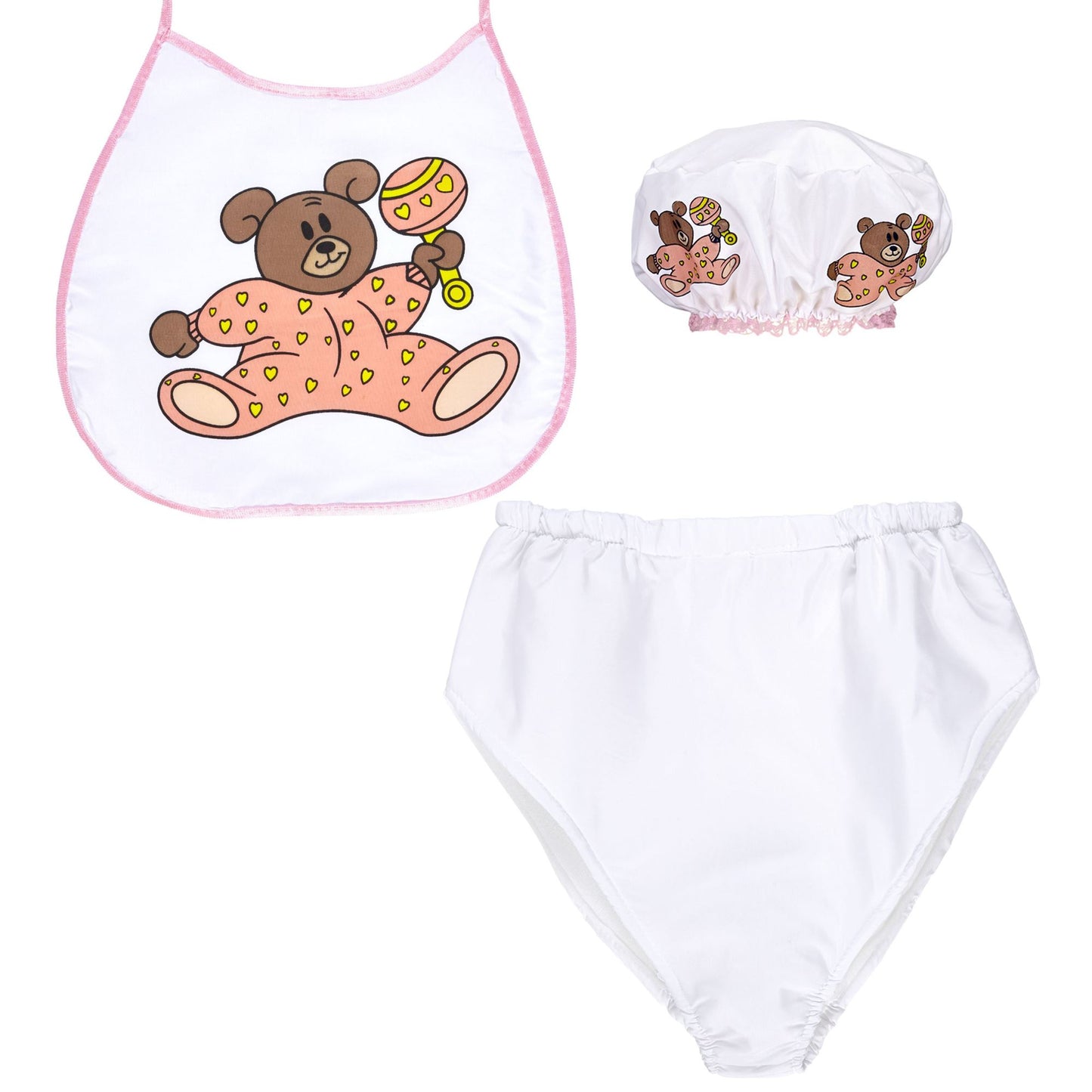 "ROSA BABY" Verkleidungsset (Haube, Lätzchen, Riesenwindel) – Vorderansicht