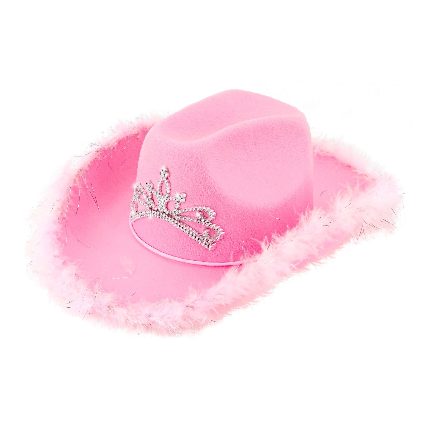 "ROSA COWGIRL HUT" mit Tiara & Marabu Verzierung mit Lametta Fäden in Silber – Vorderansicht
