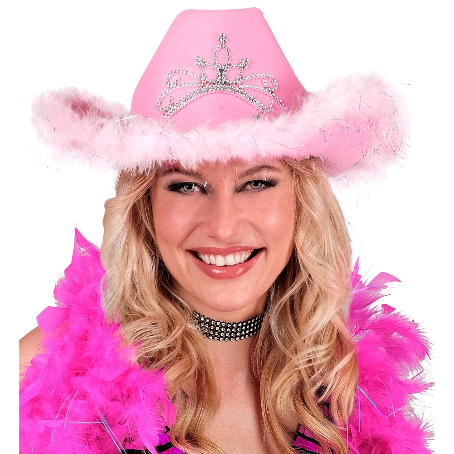 "ROSA COWGIRL HUT" mit Tiara & Marabu Verzierung mit Lametta Fäden in Silber – Ansicht 3