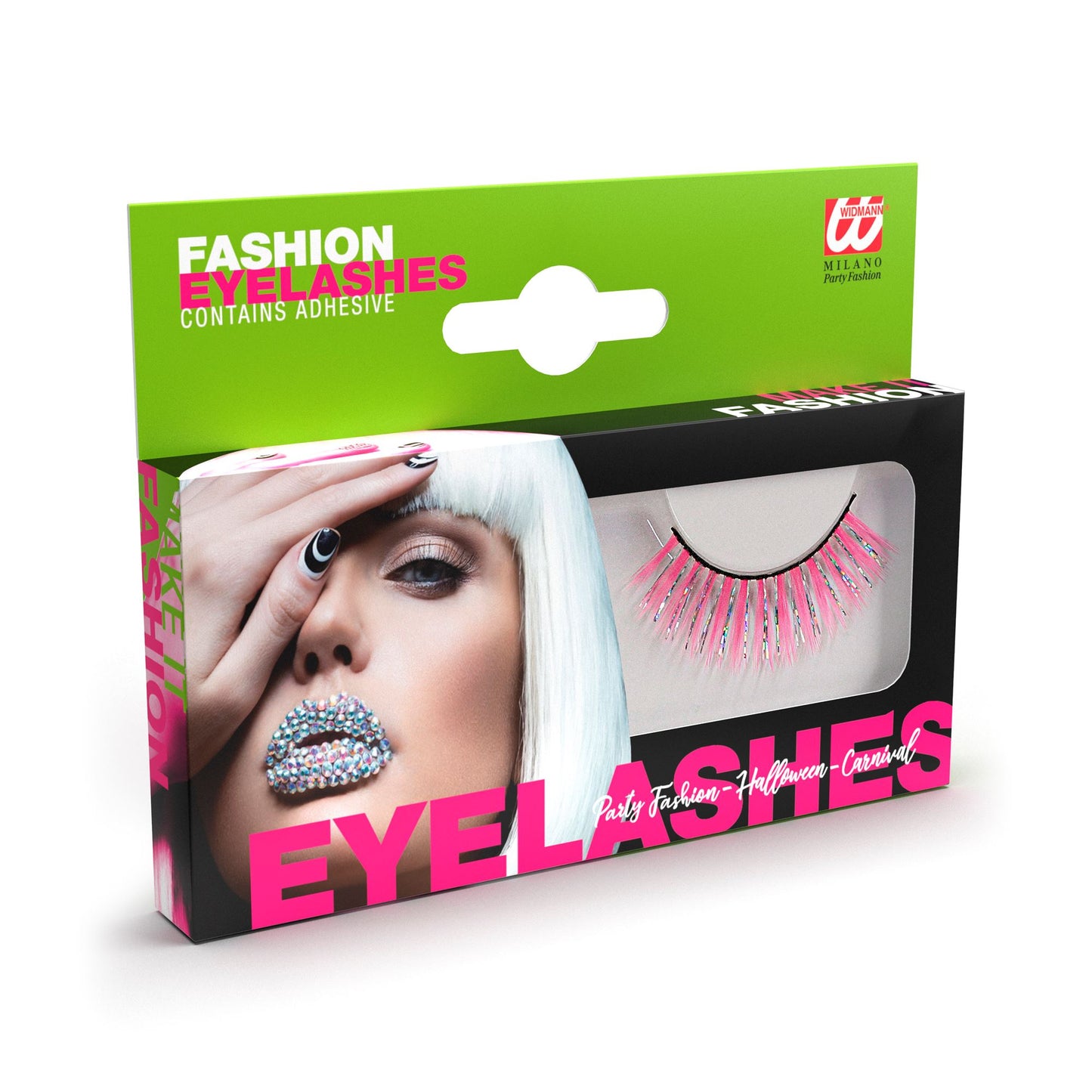 "ROSA HOLOGRAPHISCHE FASHION WIMPERN" mit Klebstofftube – Vorderansicht