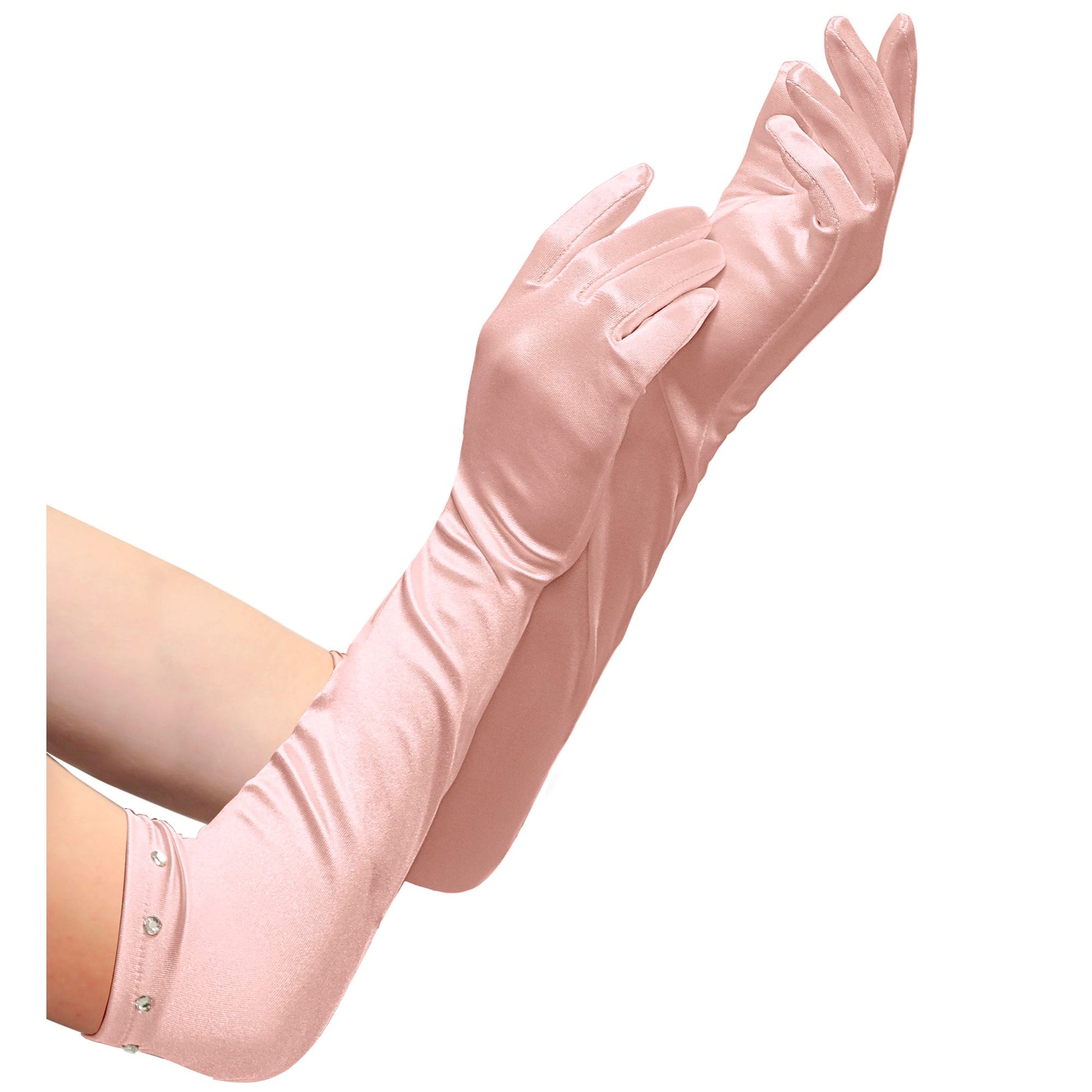 "ROSA LANGE SATIN HANDSCHUHE MIT STRASS VERZIERUNG" Kindergröße – Vorderansicht