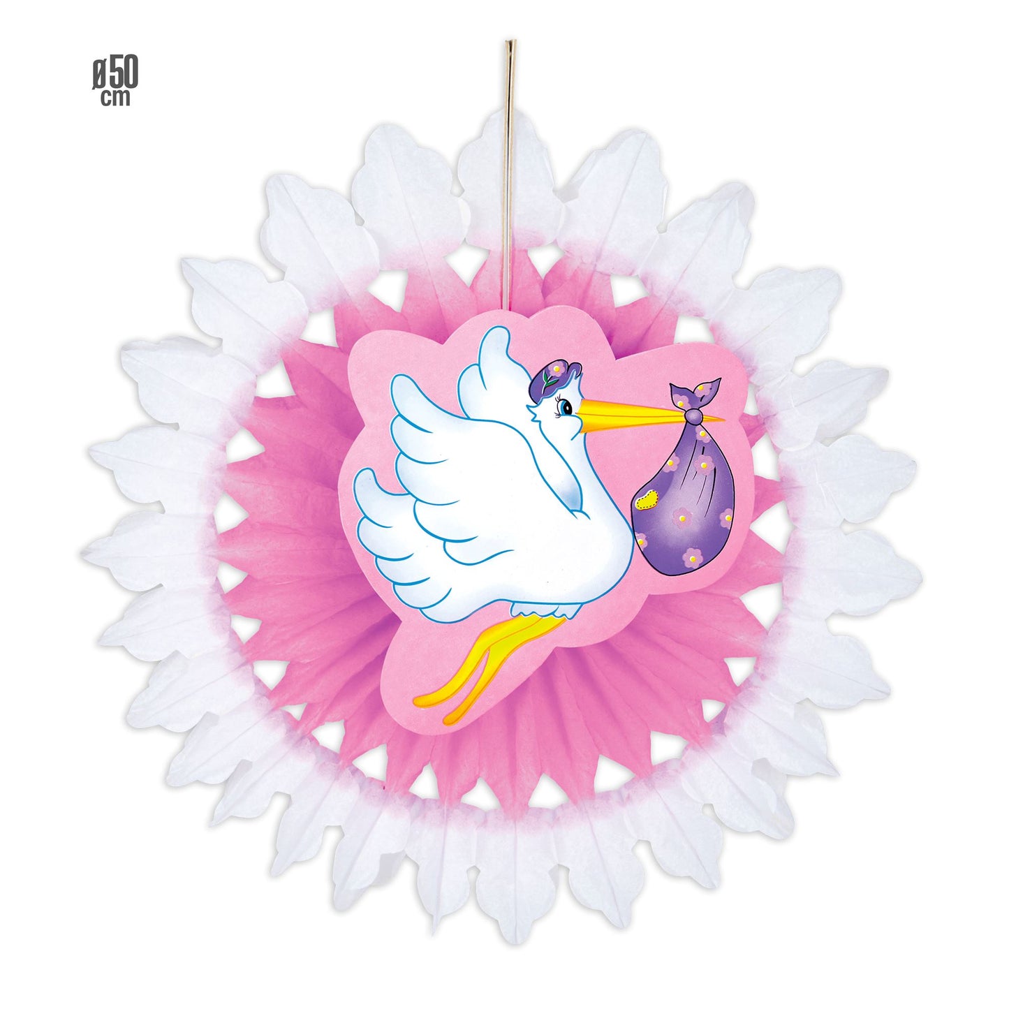 "ROSA PAPIERFÄCHER MIT STORCH UND BABY" 50 cm – Vorderansicht