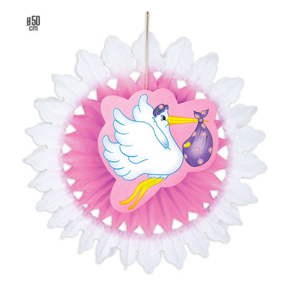 "ROSA PAPIERFÄCHER MIT STORCH UND BABY" 50 cm – Vorderansicht