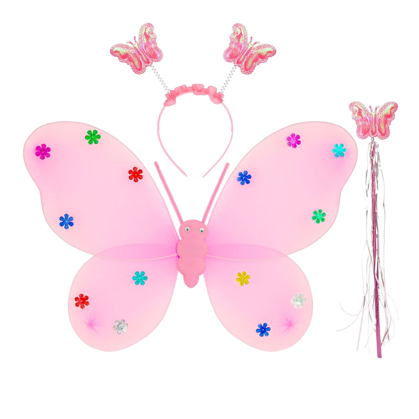 "ROSA SCHMETTERLINGS SET" (Flügel, Haarreif, Zauberstab) – Vorderansicht