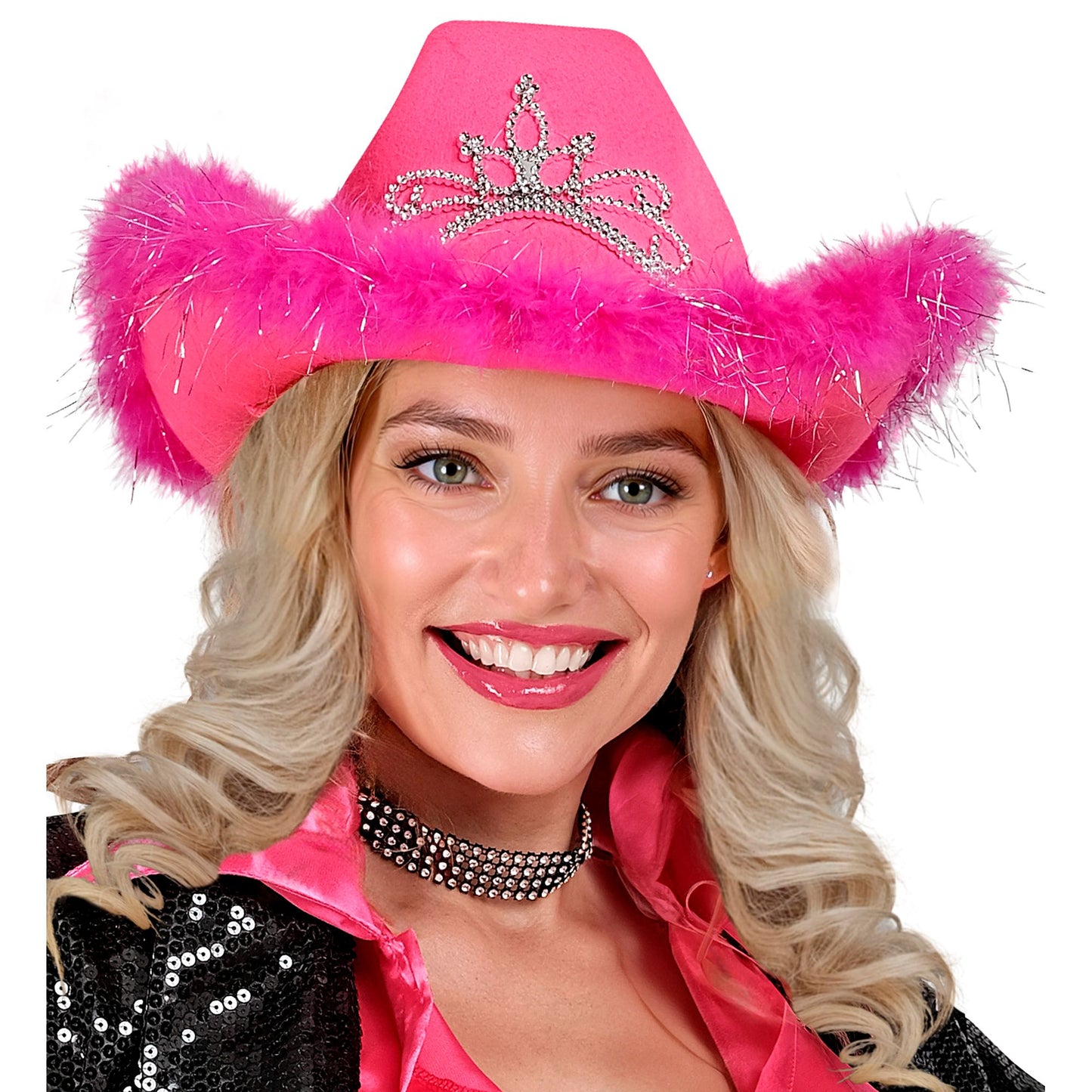 "ROSE COWGIRL mit Tiara & Marabu Verzierung mit Lametta Fäden in Silber – Detailansicht