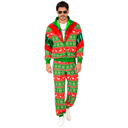 "ROT-GRÜNER MERRY CHRISTMAS PARTY FASHION TRAININGSANZUG" (Oberteil, Hose) – Detailansicht