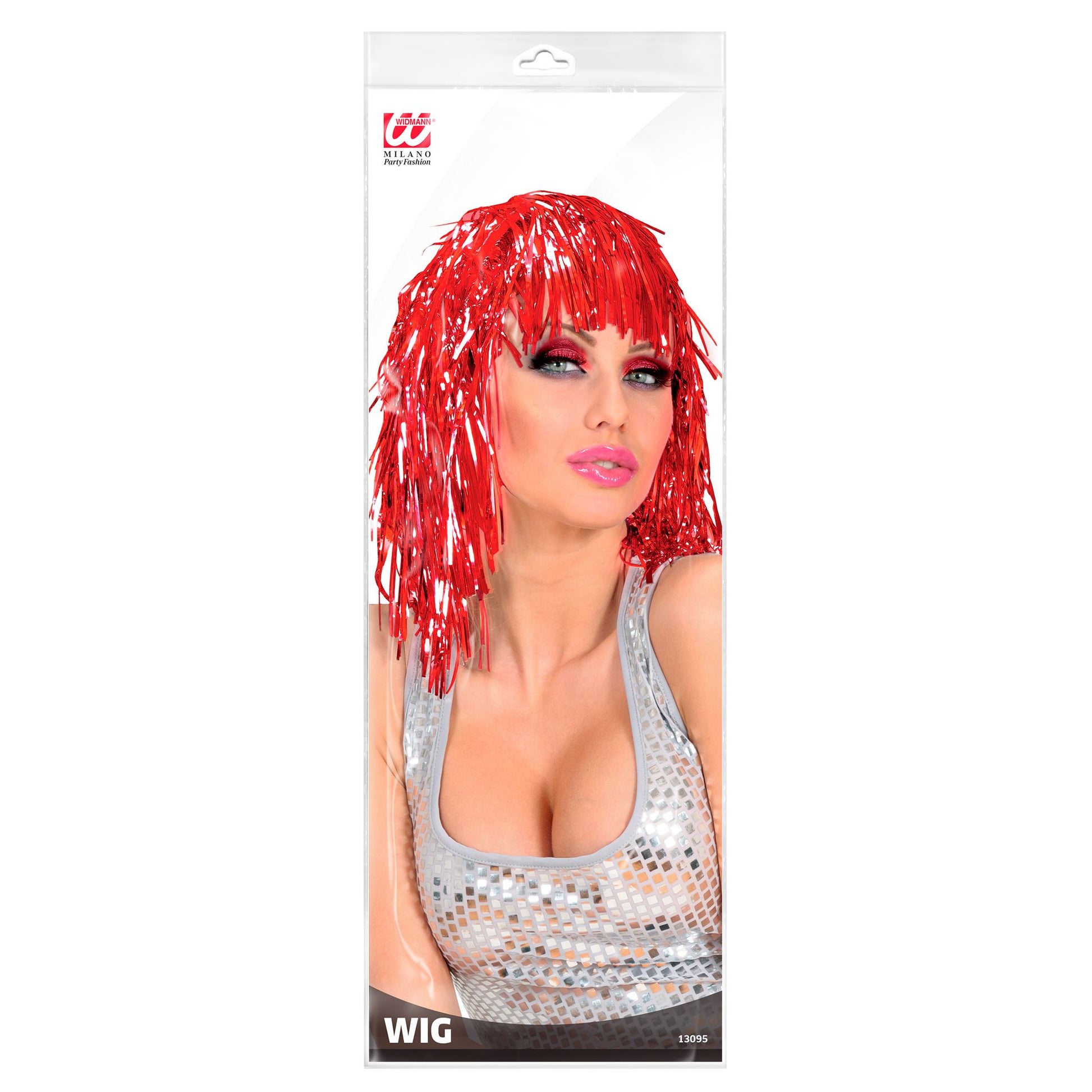 "ROTE LAMÉ PERÜCKE" in Polybag – Detailansicht