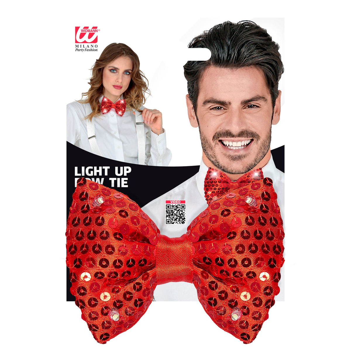 "ROTE PAILLETTENFLIEGE MIT 4 LED LICHTERN" regulierbar – Detailansicht
