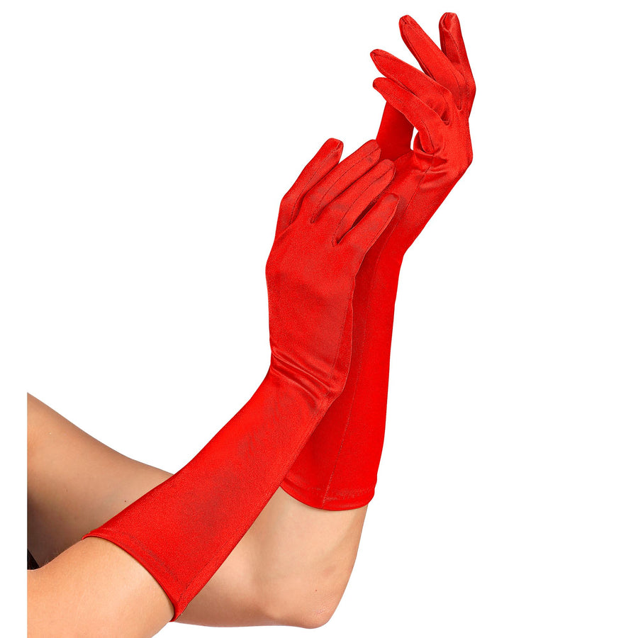 "ROTE SATIN HANDSCHUHE IN ELASTHAN" 40 cm – Vorderansicht