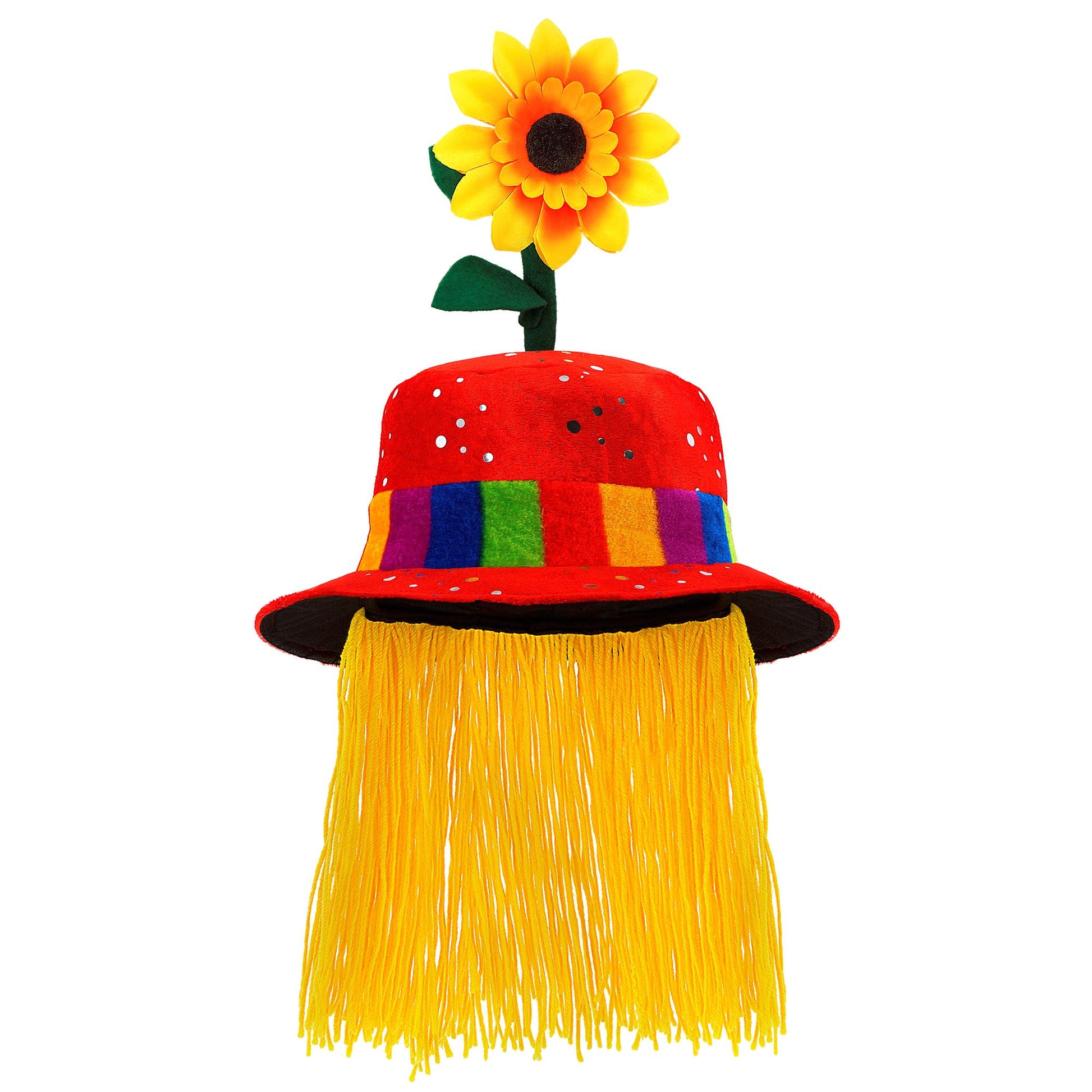 "ROTER CLOWNHUT MIT HAAREN UND SONNENBLUME" aus Pannesamt – Vorderansicht