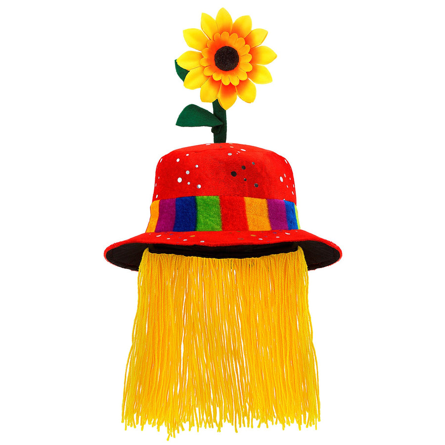 "ROTER CLOWNHUT MIT HAAREN UND SONNENBLUME" aus Pannesamt – Vorderansicht
