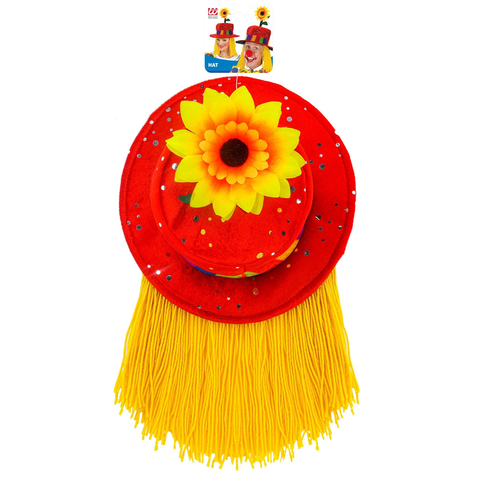 "ROTER CLOWNHUT MIT HAAREN UND SONNENBLUME" aus Pannesamt – Detailansicht
