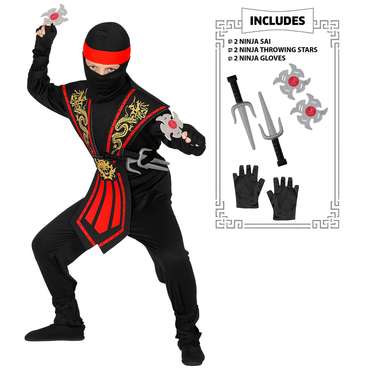 "ROTER KOMBAT NINJA MIT WAFFENSET" (Overall, Brustrüstung, Gürtel, Arm- und Beinschnüre, Maske, Stirnband, Handschuhe, 2 Ninjadolche, 2 Ninjasterne) – Vorderansicht
