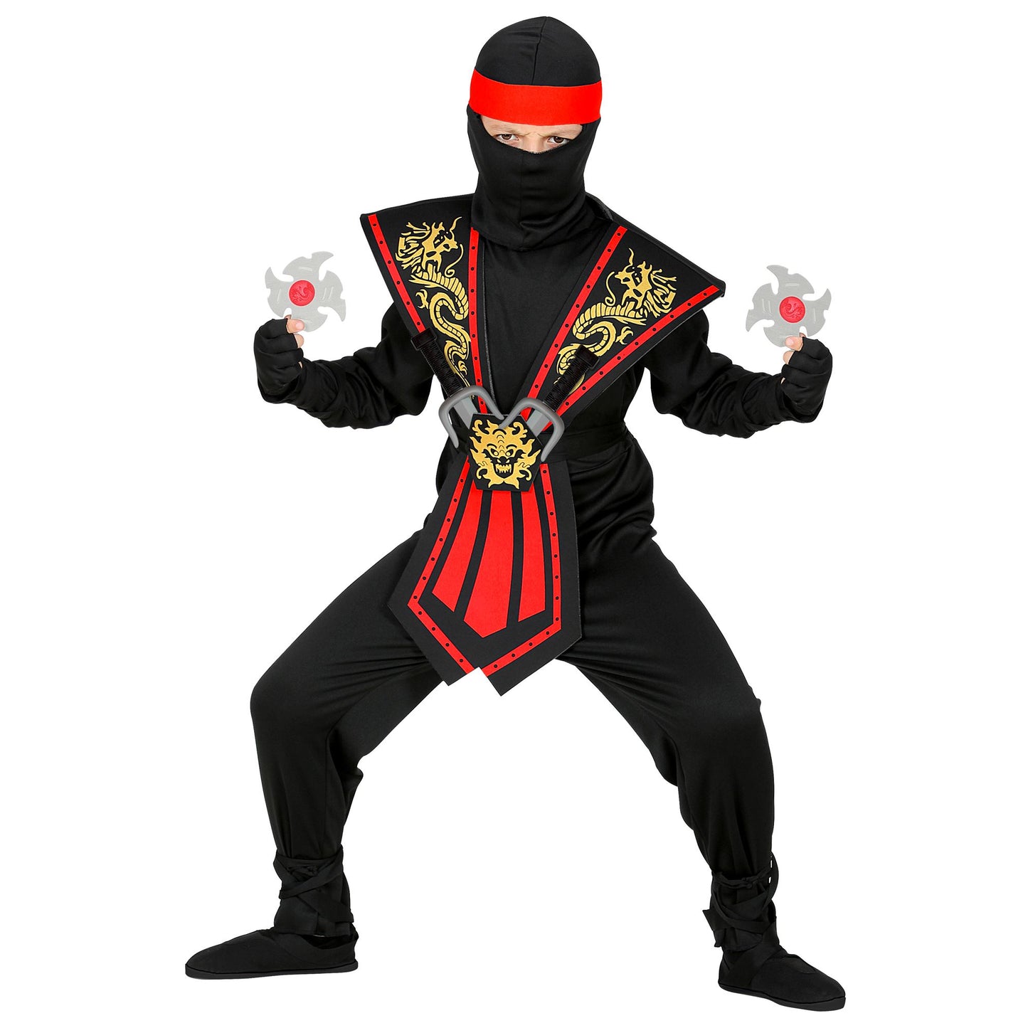 "ROTER KOMBAT NINJA MIT WAFFENSET" (Overall, Brustrüstung, Gürtel, Arm- und Beinschnüre, Maske, Stirnband, Handschuhe, 2 Ninjadolche, 2 Ninjasterne) – Detailansicht