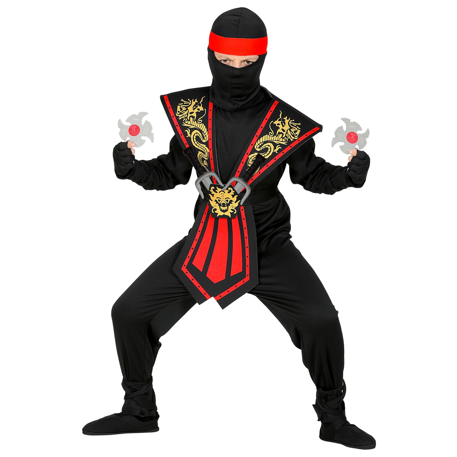 "ROTER KOMBAT NINJA MIT WAFFENSET" (Overall, Brustrüstung, Gürtel, Arm- und Beinschnüre, Maske, Stirnband, Handschuhe, 2 Ninjadolche, 2 Ninjasterne) – Detailansicht