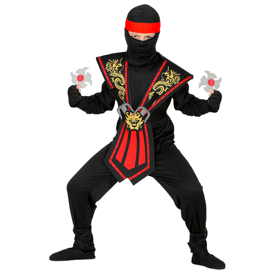 "ROTER KOMBAT NINJA MIT WAFFENSET" (Overall, Brustrüstung, Gürtel, Arm- und Beinschnüre, Maske, Stirnband, Handschuhe, 2 Ninjadolche, 2 Ninjasterne) – Detailansicht
