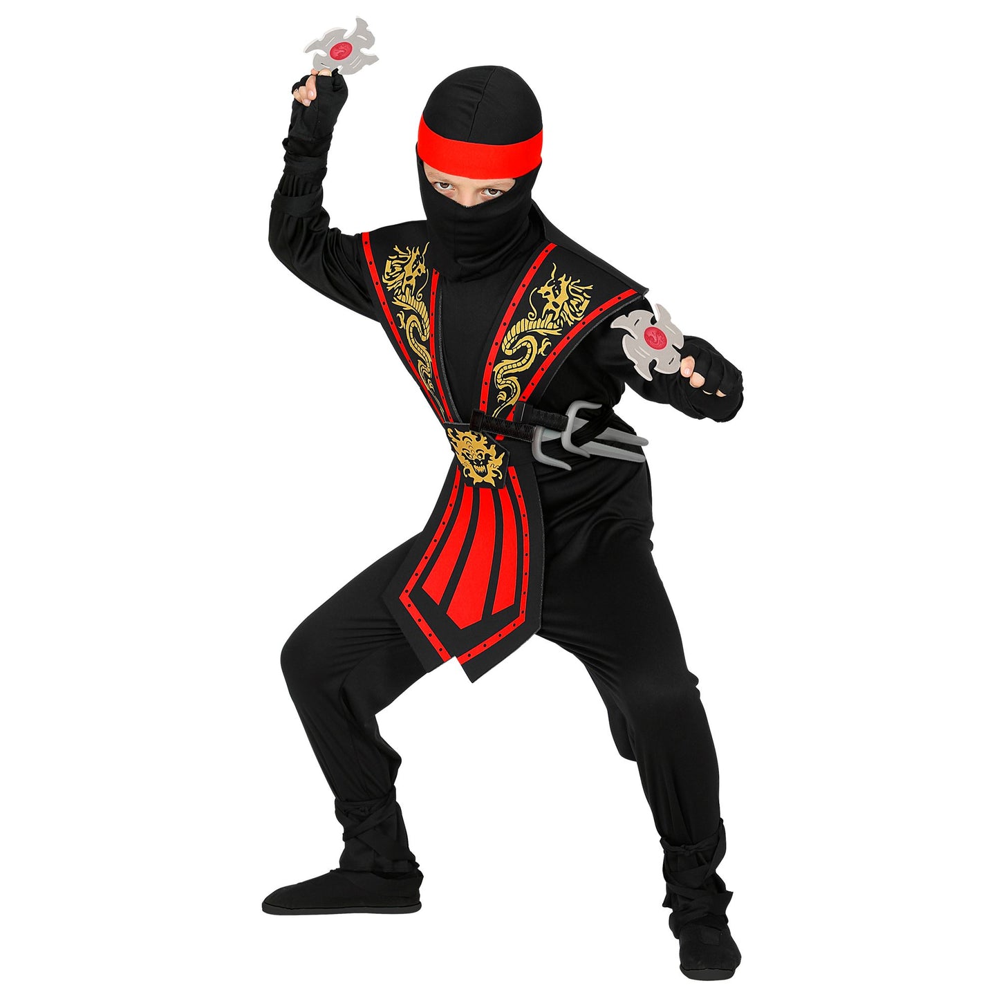 "ROTER KOMBAT NINJA MIT WAFFENSET" (Overall, Brustrüstung, Gürtel, Arm- und Beinschnüre, Maske, Stirnband, Handschuhe, 2 Ninjadolche, 2 Ninjasterne) – Ansicht 3