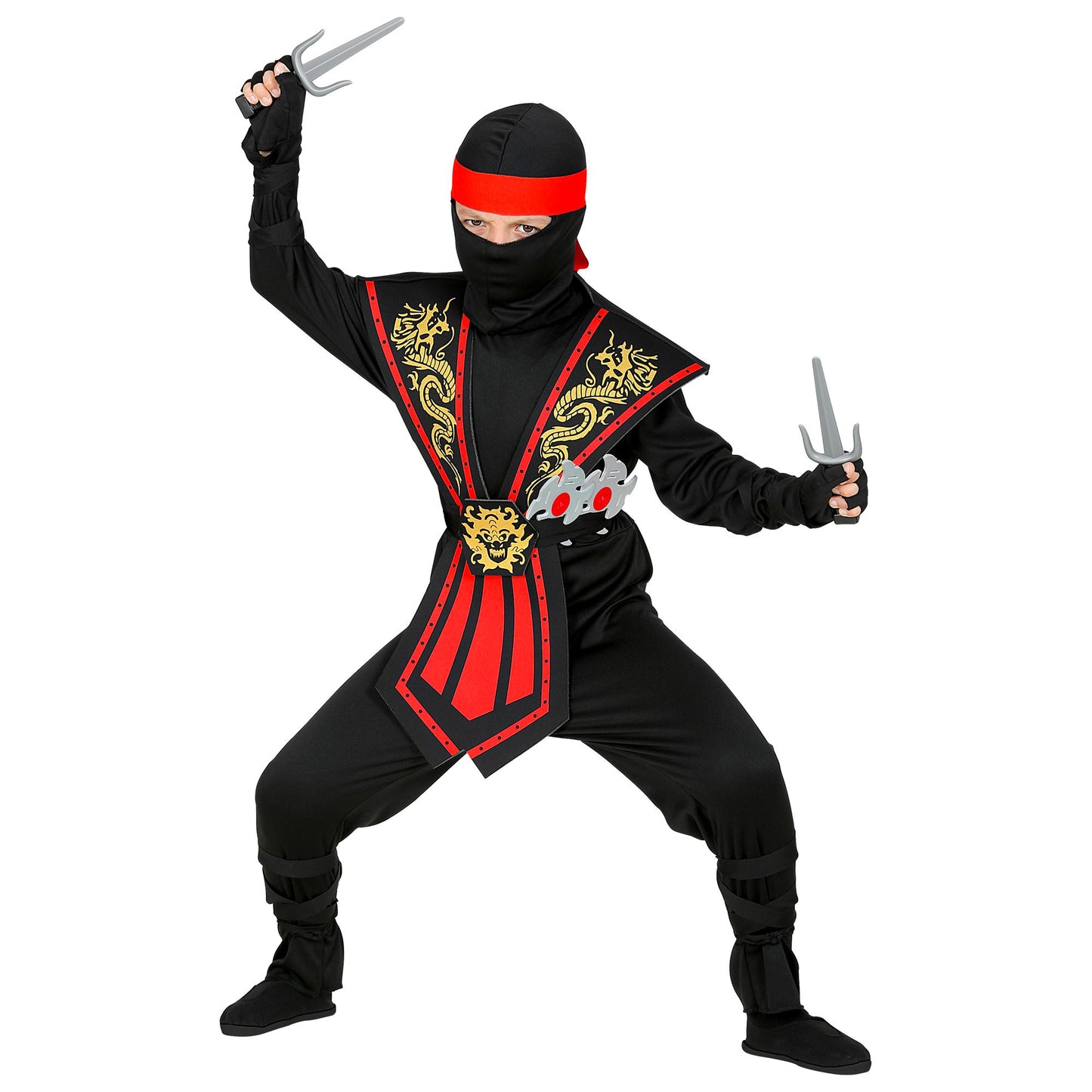 "ROTER KOMBAT NINJA MIT WAFFENSET" (Overall, Brustrüstung, Gürtel, Arm- und Beinschnüre, Maske, Stirnband, Handschuhe, 2 Ninjadolche, 2 Ninjasterne) – Ansicht 4