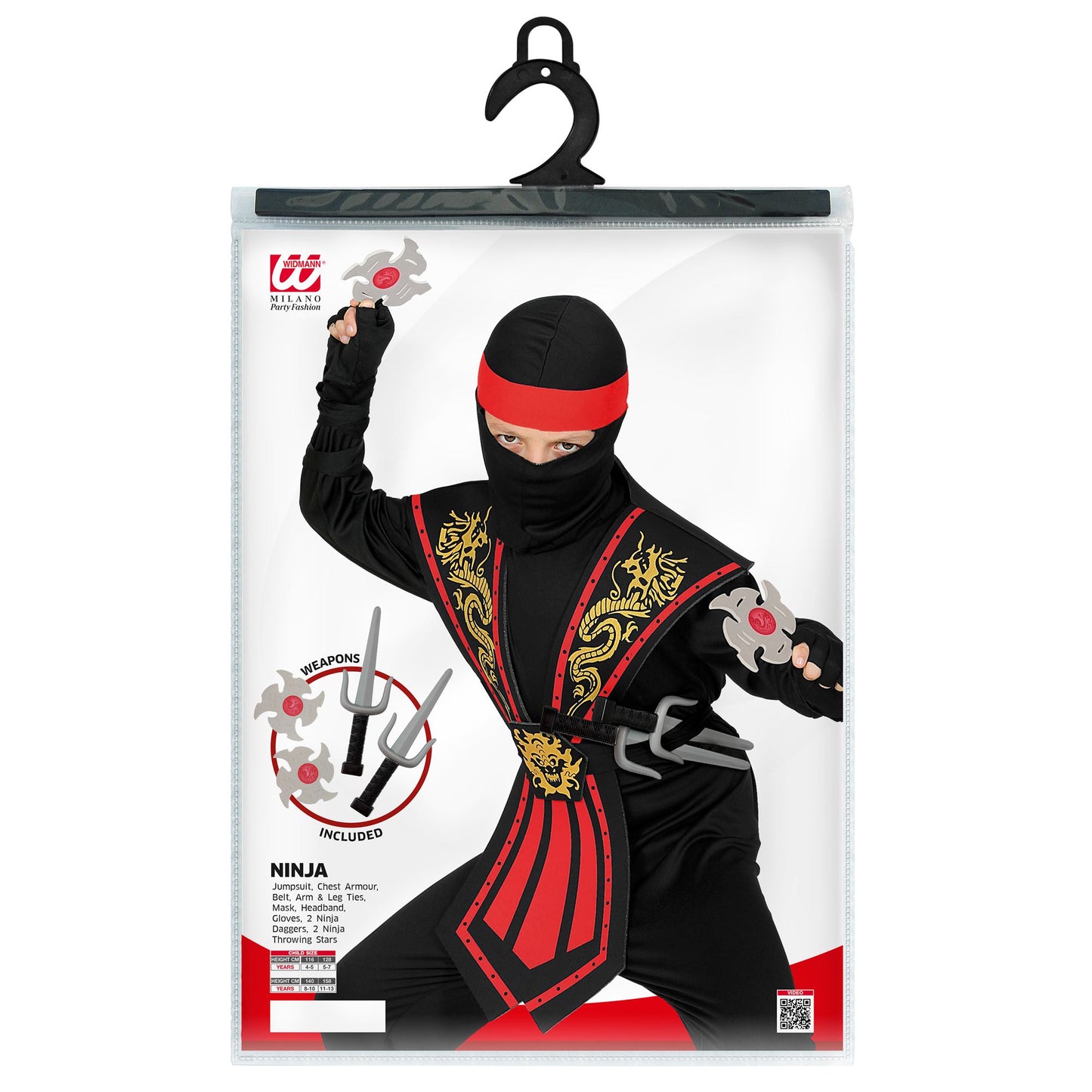 "ROTER KOMBAT NINJA MIT WAFFENSET" (Overall, Brustrüstung, Gürtel, Arm- und Beinschnüre, Maske, Stirnband, Handschuhe, 2 Ninjadolche, 2 Ninjasterne) – Ansicht 5