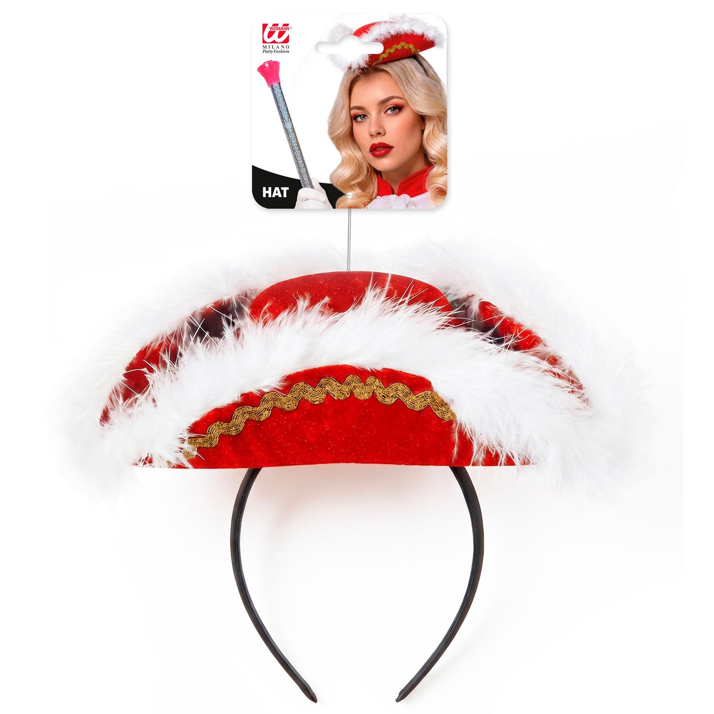 "ROTER MINI DREISPITZ MIT MARABOU" aus Filz – Detailansicht